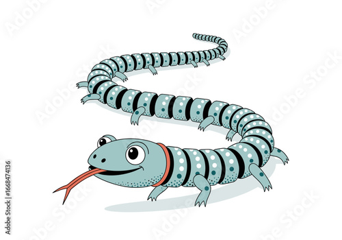 A long segmented creature with a lizard head and many legs crawls in a winding path against a white background illustration