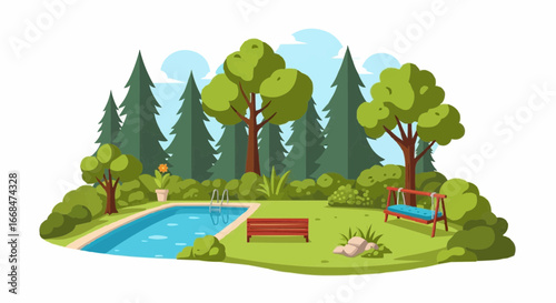 A serene backyard scene featuring a swimming pool, lush green trees, a wooden bench, and a swing set, perfect for relaxation and outdoor enjoyment.