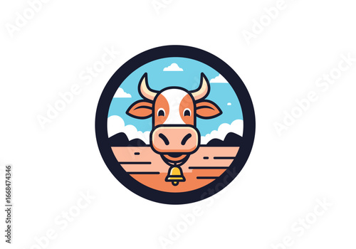 Adorable smiling cow face with bell and sky background emblem for farming and agricultural business