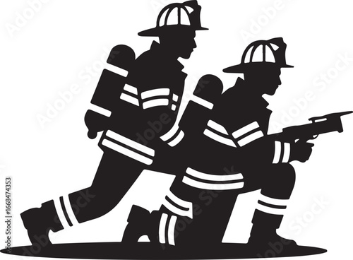 Two Firefighters Standing Together Black Silhouette Illustration