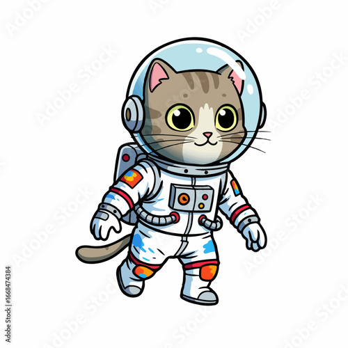 a gray cat dressed as an astronaut is walking happily