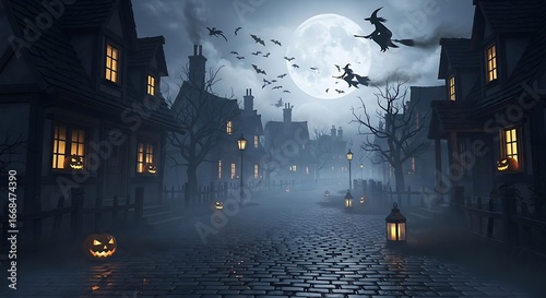 Illustration of witches and bats fly over a cobblestone street in a haunted town on halloween