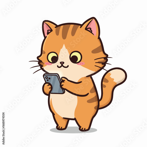 orange cat standing ordering a taxi via his smartphone