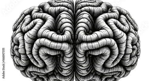 A detailed illustration of a human brain, rendered in black and white, showcasing intricate folds and fissures.