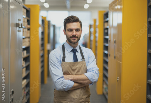 Wallpaper Mural Office mailroom attendant standing confidently near a parcel rack Torontodigital.ca