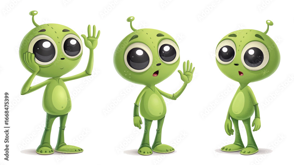 Fototapeta premium A set of 3 image,Cartoon style, green alien with big eyes in different gestures, pure white background