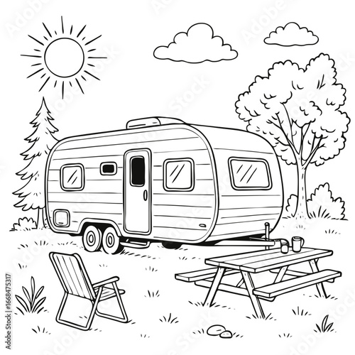 Camper trailer truck in the forest