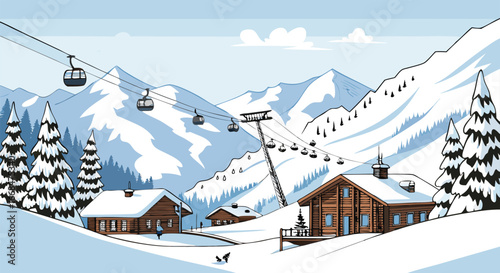 Pixel art ski resort village snow-covered mountains cable cars snowy landscape winter destination
