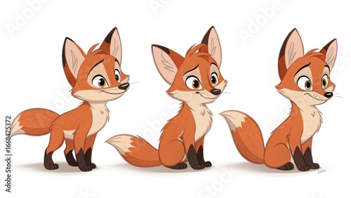 2D cartoon style, a set of 3 images of the same fox cub in different poses: sly expression, playful stance, and attentive gaze, pure white background