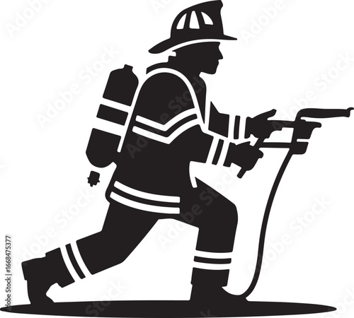 Two Firefighters Standing Together Black Silhouette Illustration