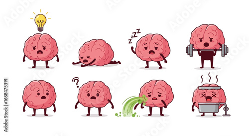 Cartoon brains displaying various emotions and activities, including having an idea, sleeping, exercising, and feeling sick.