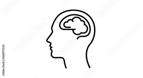 Simple line drawing of a human head with a visible brain, representing thought.