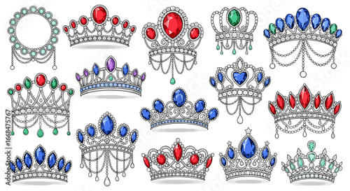 Collection of ornate crowns and tiaras adorned with colorful gemstones and intricate silver detailing designs