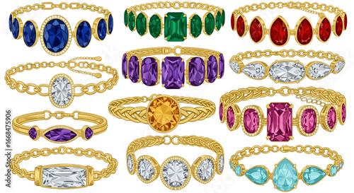 Collection of twelve gold bracelets adorned with various colored gemstones in different shapes and settings