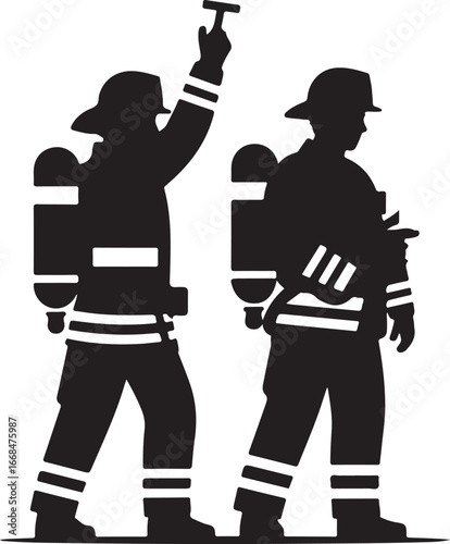 Two Firefighters Standing Together Black Silhouette Illustration
