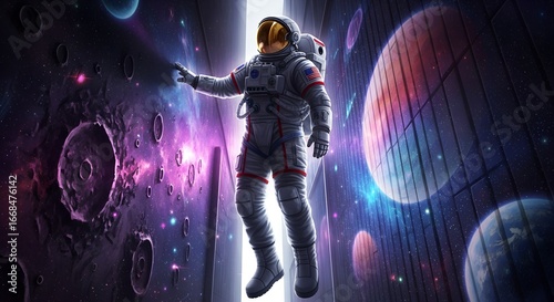 Astronaut floating through a vibrant cosmic gateway surrounded by planets