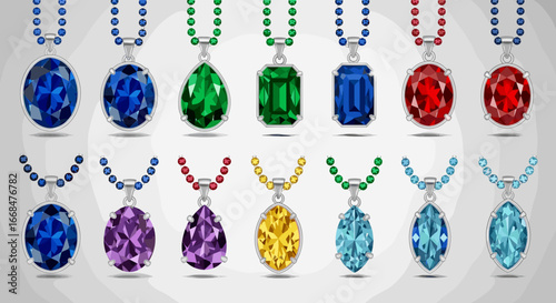 Collection of colorful gemstone pendants hanging from beaded chains in various shapes and colors