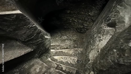 Ancient spiral stone steps descend into dark depths
