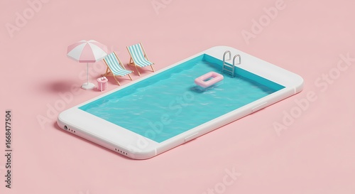 Digital Detox Summer Vacation Concept Relaxing by the Smartphone Pool with Beach Chairs.