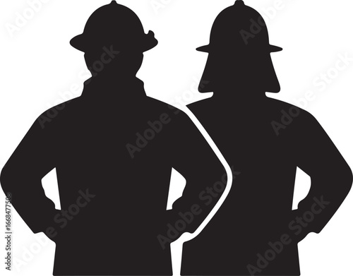 Two Firefighters Standing Together Black Silhouette Illustration