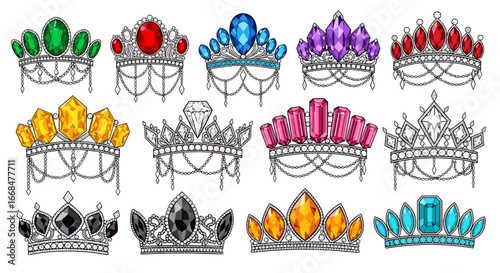 Collection of twelve ornate crowns adorned with various colored jewels and delicate chain details in a row