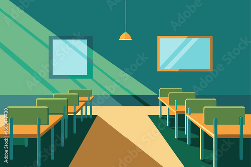 Illustration of a classroom with desks and windows