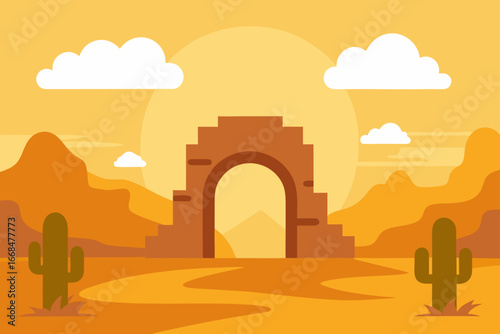 Arizona desert landscape with arch and cacti view
