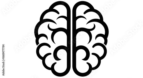 Stylized black and white illustration of a brain, symmetrical design, representing intelligence and thought.