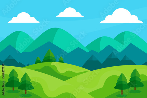 Landscape with green hills trees and white clouds