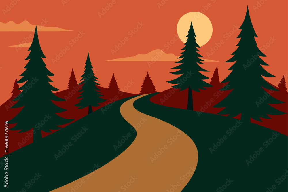 Obraz premium Sunset landscape with trees and winding path view