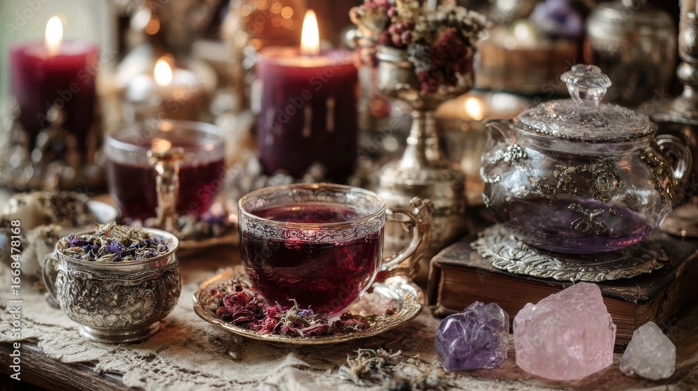 Naklejka premium Exquisite herbal tea ceremony vintage style drink setting cozy atmosphere close-up view relaxation concept