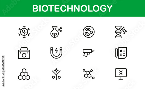 Biotechnology Science Research Lab Icons – Professional Modern Line Icon Set for Scientific Innovation and Discovery