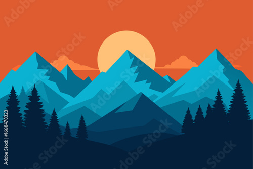 Illustration of mountains and trees at sunset time