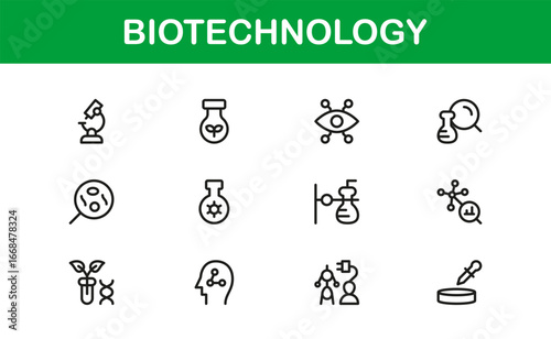Biotechnology Vector Pack – Flat Linear Outline Minimal Collection of DNA, Microscope, Genetics, Molecule, Cell, Lab, Research, Modern Clean Icons for Apps, Websites, and Infographics