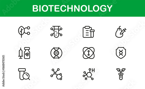 Flat Minimal Biotechnology Icons – Linear Outline Vector Collection with DNA, Microscope, Genetics, Molecule, Cell, Research, Lab, Clean Modern Pack for Apps, Web, and UI Projects