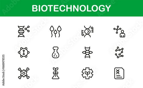 Modern Biotechnology Icons – Flat Linear Outline Vector Set with DNA, Molecule, Microscope, Lab, Genetics, Cell, Bioengineering, Minimal Clean Pack for Apps, Web, and Infographics