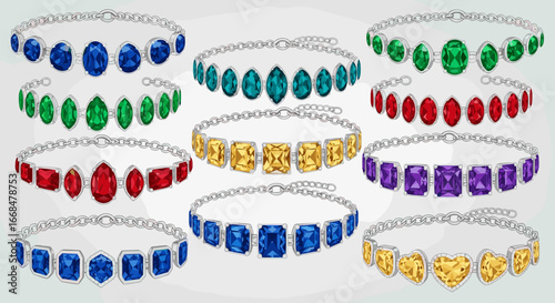 Display of nine silver chain bracelets adorned with colorful gemstones in various shapes and settings