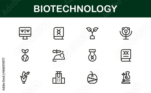 Biotech and Genetics Icons – Flat Linear Outline Minimal Vector Symbols of DNA, Microscope, Cell, Molecule, Lab, Research, Bioengineering, Clean Collection for Apps, Web, and Infographics