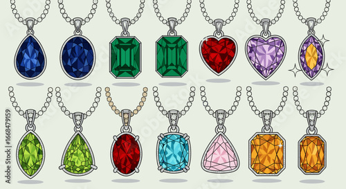 Collection of gemstone pendants on silver chains showcasing various cuts and vibrant colors set in metal