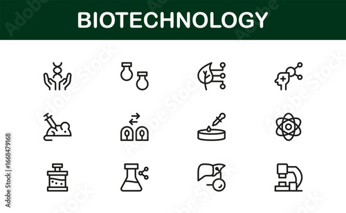 Biotechnology Lab Vector Pack – Flat Linear Outline Collection of DNA, Microscope, Genetics, Molecule, Cell, Research, Minimal Clean Style Icons for Web, UI, and Branding