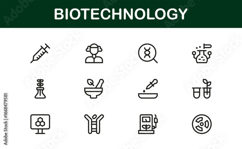 Biotechnology and Science Icons – Flat Linear Outline Vector Symbols of DNA, Microscope, Molecule, Lab, Cell, Genetics, Bioengineering, Minimal Clean Pack for Apps and Websites