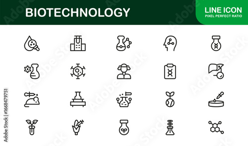 Genetics and Biotechnology Icons – Minimal Flat Linear Outline Vector Set with DNA, Cell, Lab, Molecule, Microscope, Bioengineering, Clean Collection for Web, UI, and Infographics