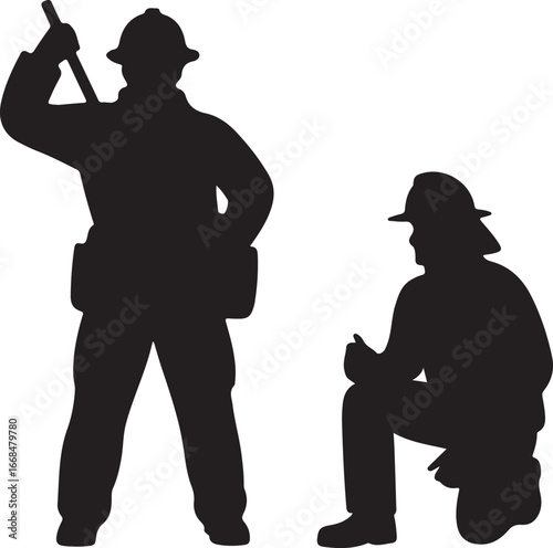 Two Firefighters Standing Together Black Silhouette Illustration