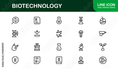 Outline Biotechnology Icons – Flat Linear Minimal Vector Symbols of DNA, Cell, Molecule, Genetics, Microscope, Lab, Bioengineering, Clean Pack for Infographics, Web, and UI Design