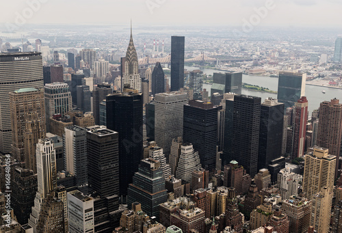 NYC New York City - Aerial View of Manhattan Skyline with Iconic Skyscrapers and East River
