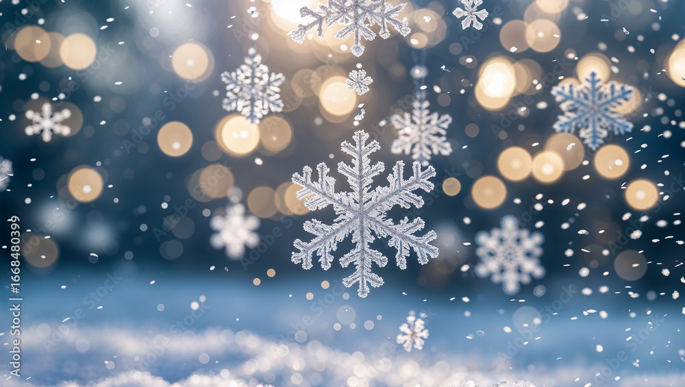 Fototapeta premium Snowflakes falling on snowy landscape during christmas time with golden bokeh lights