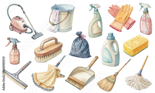 Watercolor Cleaning Supplies Clipart Set for Housekeeping and Janitorial Projects