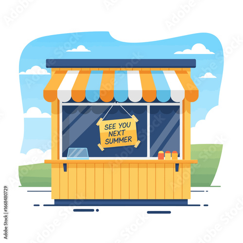 A yellow outdoor food stand, closed for the summer, with a sign that says "See you next summer.".
