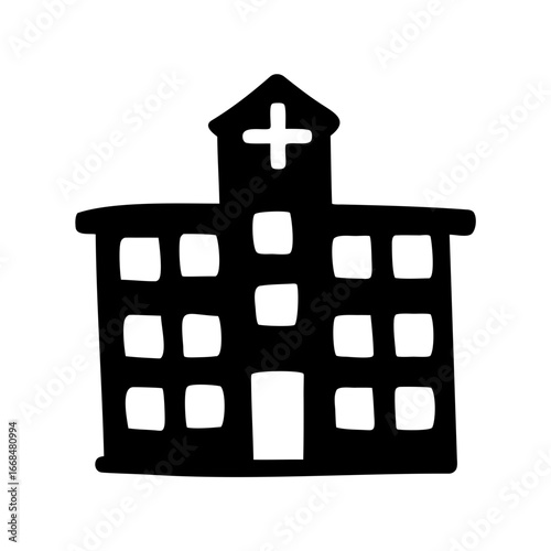 A hand drawn illustration of a hospital building with a cross