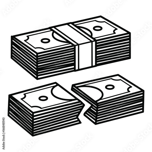 Broken money stack representing financial loss debt or budget cuts simple line art